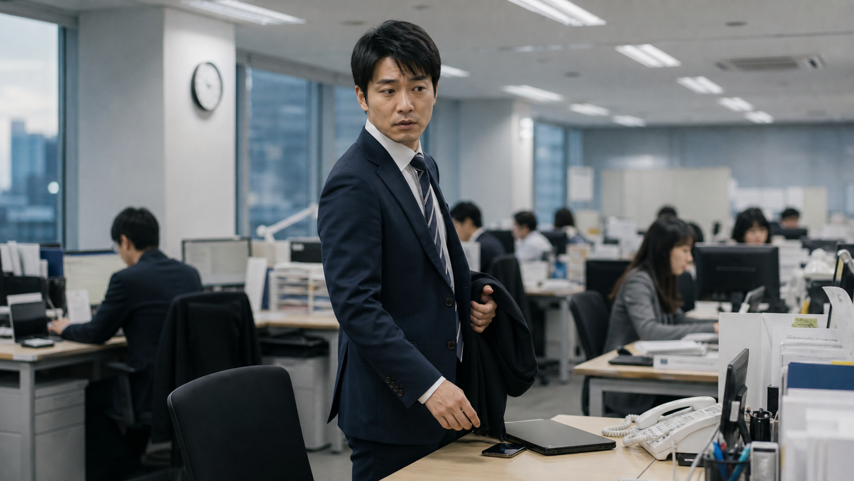 定時で帰ることに迷い、社畜根性に縛られている会社員