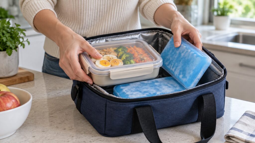 冷ました弁当箱と保冷剤を保冷バッグへ入れる手元