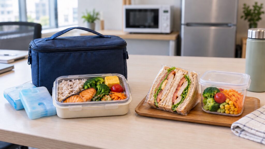 保冷用品を用意した弁当と、購入して食べる昼食の組み合わせ例