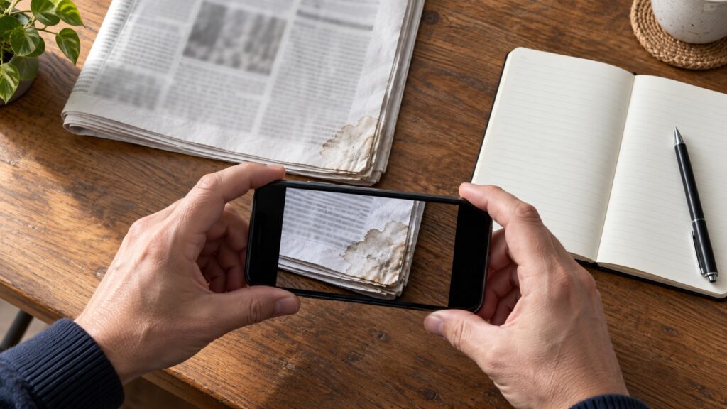 濡れた新聞の状態をスマートフォンで撮影して記録する手元