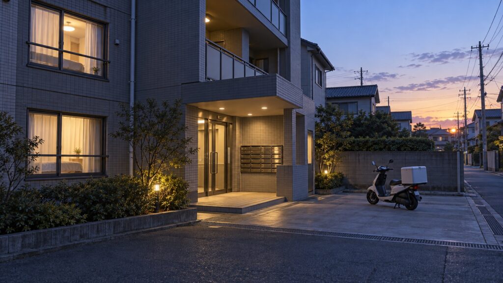 早朝の集合住宅にある窓と集合ポスト、停車した配達用バイク