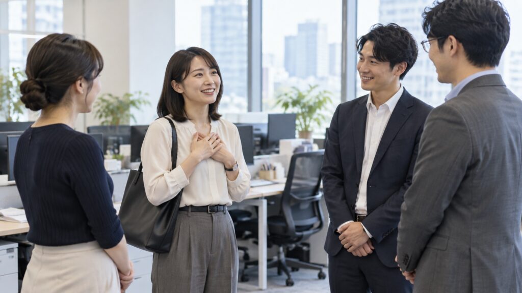 同僚へ感謝の挨拶を伝える人