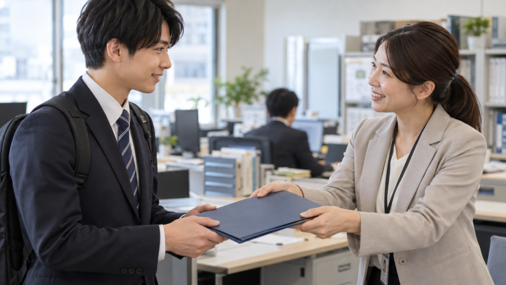 採用担当から入社書類を受け取る人
