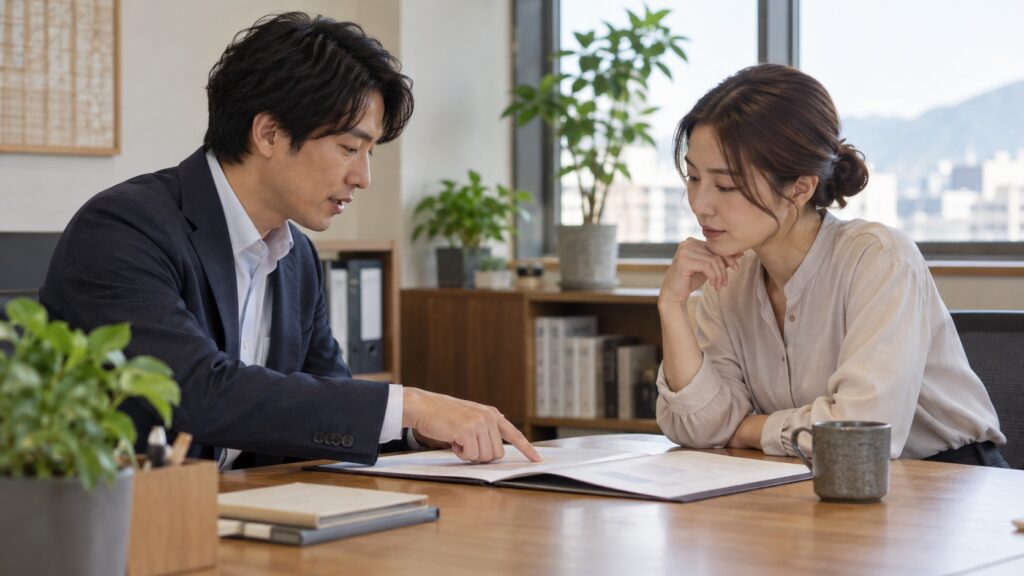 資料を見ながら言葉の意味を確認する同僚