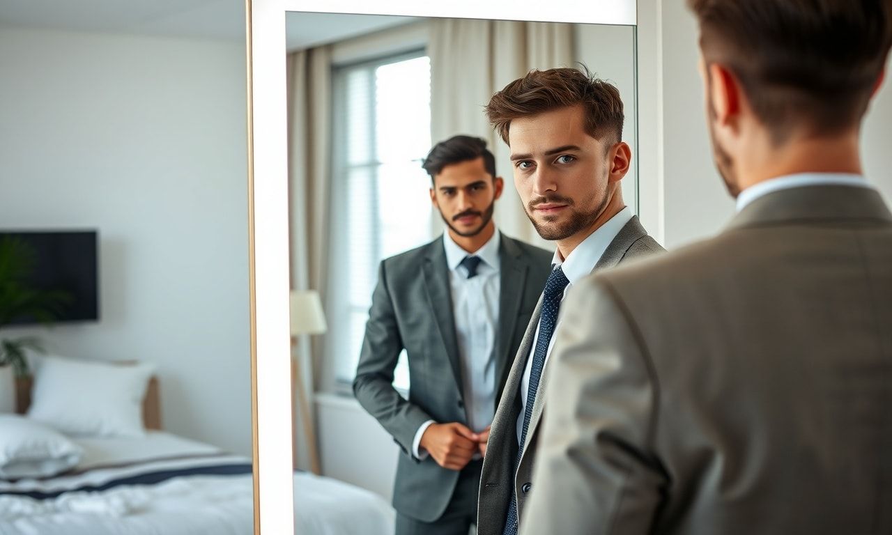 スーツをチェックする転職希望者