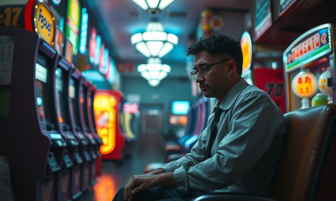 パチンコ店で疲れた表情の会社員