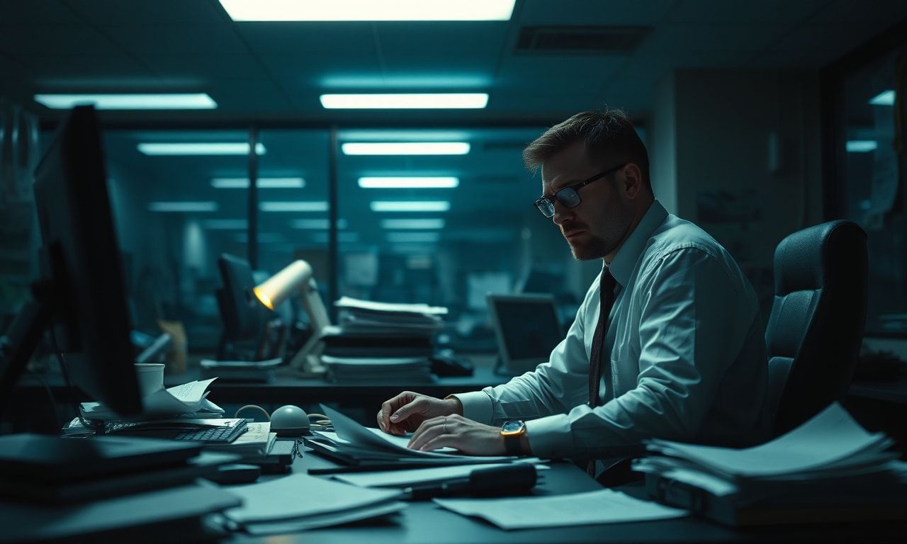 夜遅くまで仕事をする疲れ切った会社員