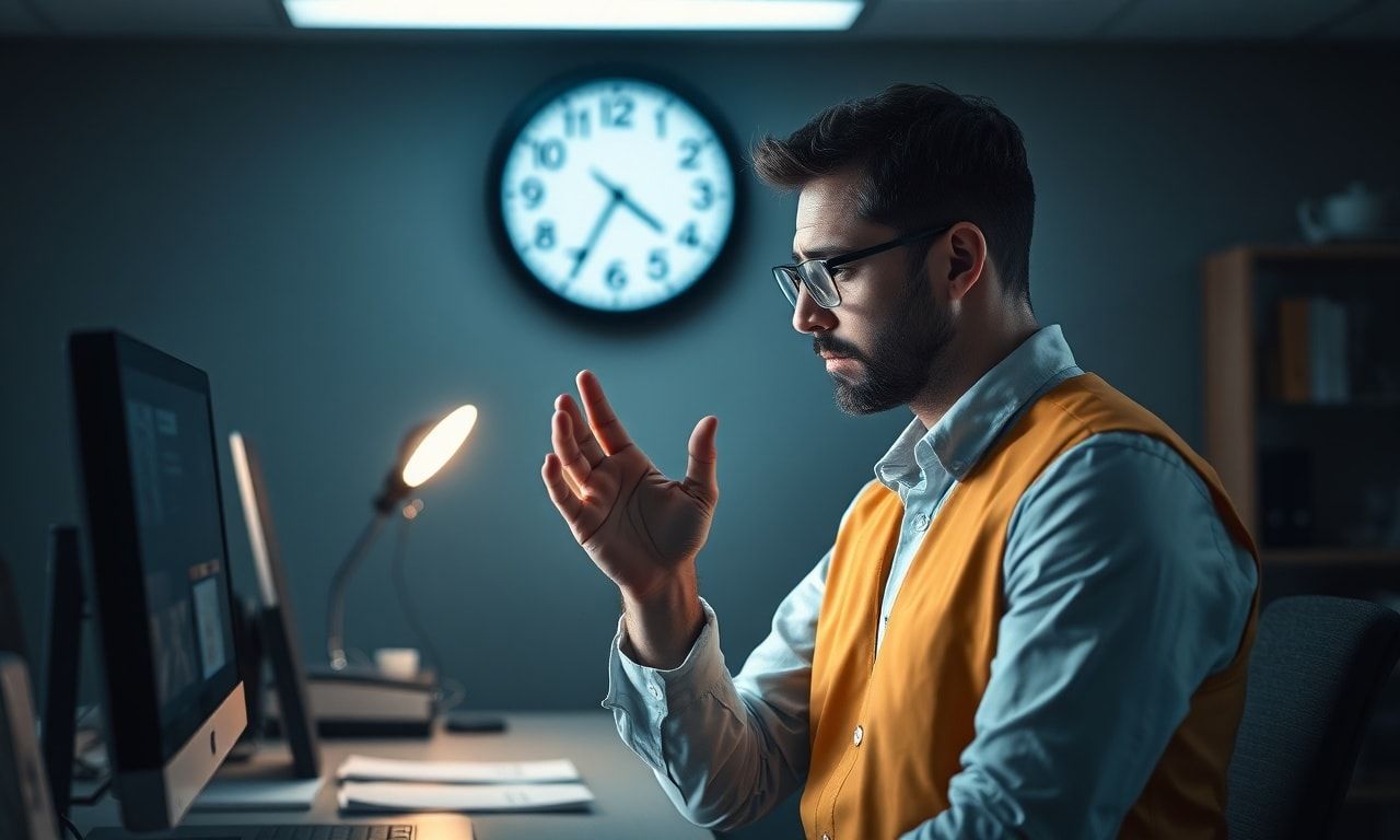 オフィスで時計を見つめる会社員