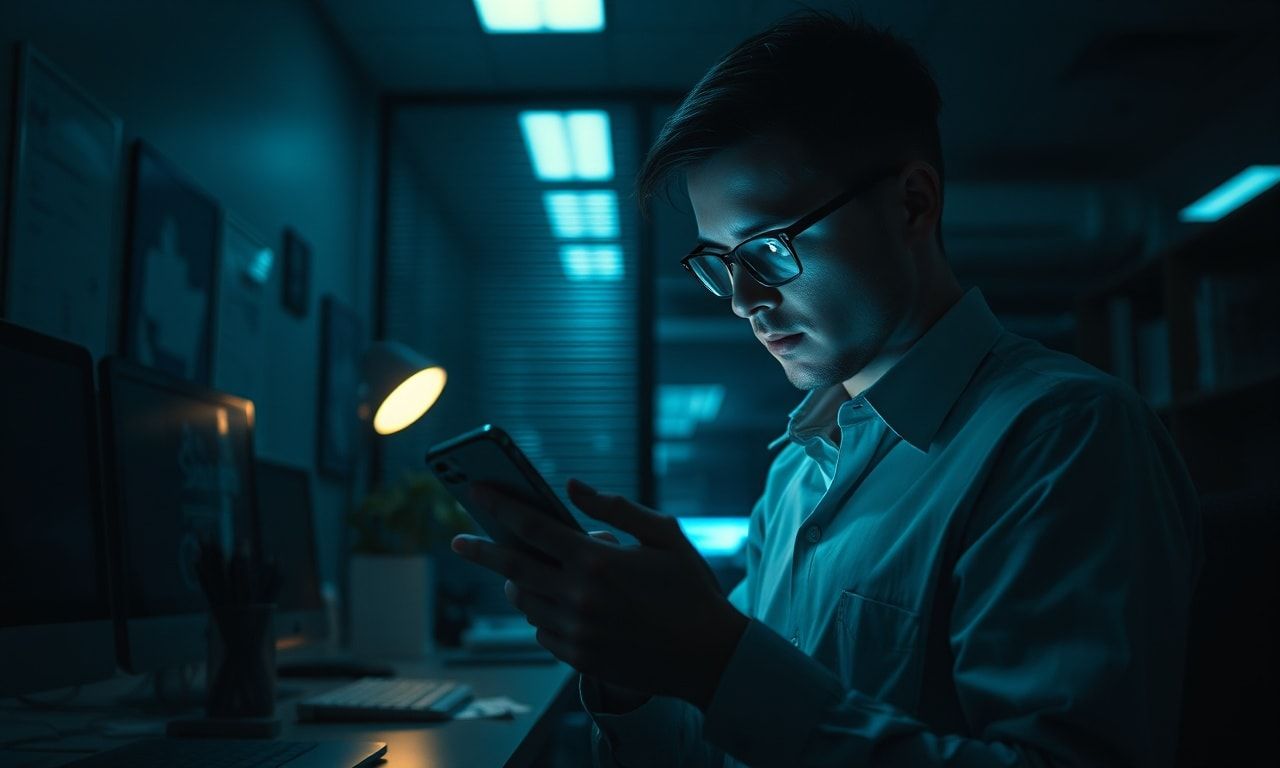 深夜のオフィスでスマホを見る人