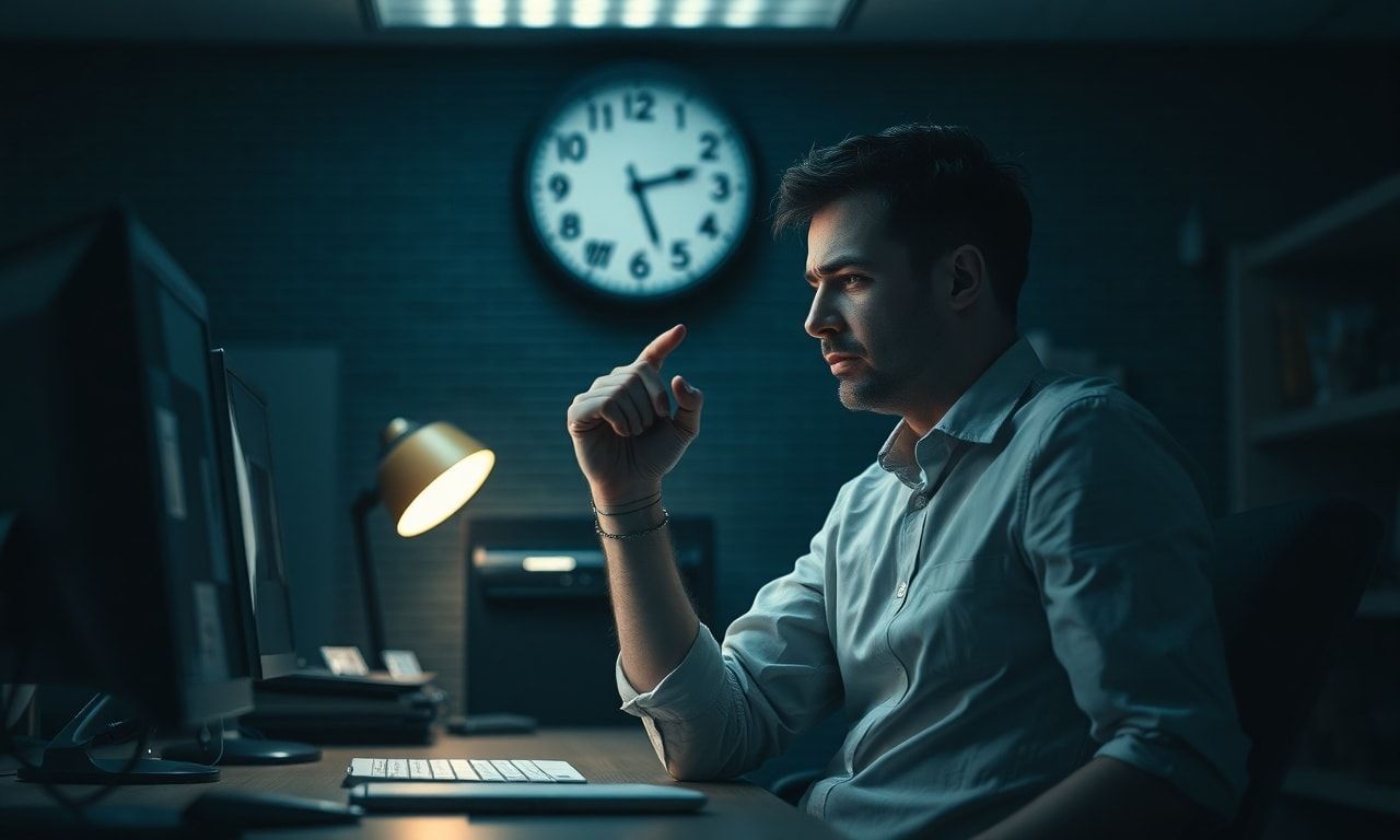 深夜のオフィスで時計を見つめる疲弊した会社員