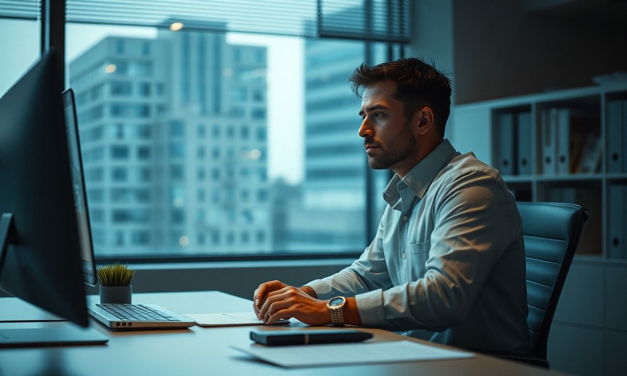 オフィスで疲れた表情の会社員