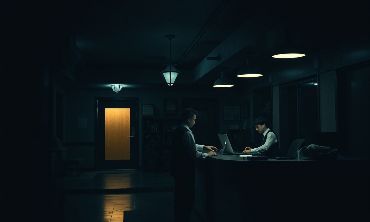 夜遅くにフロントで働く疲れたホテルスタッフ