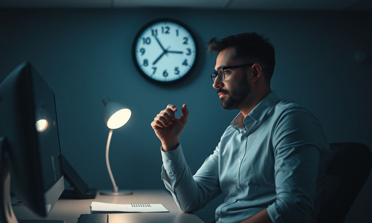 深夜のオフィスで時計を見つめる疲れた会社員