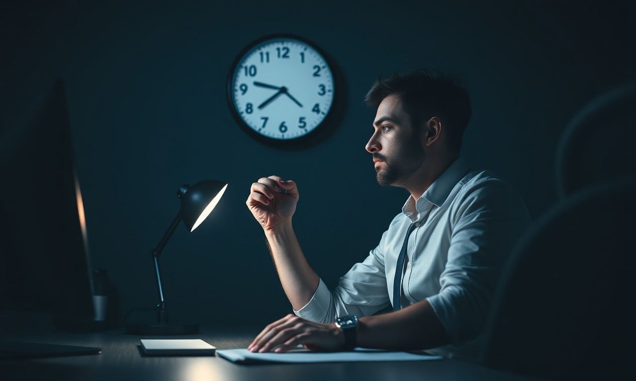 深夜のオフィスで時計を見つめる疲弊した社員