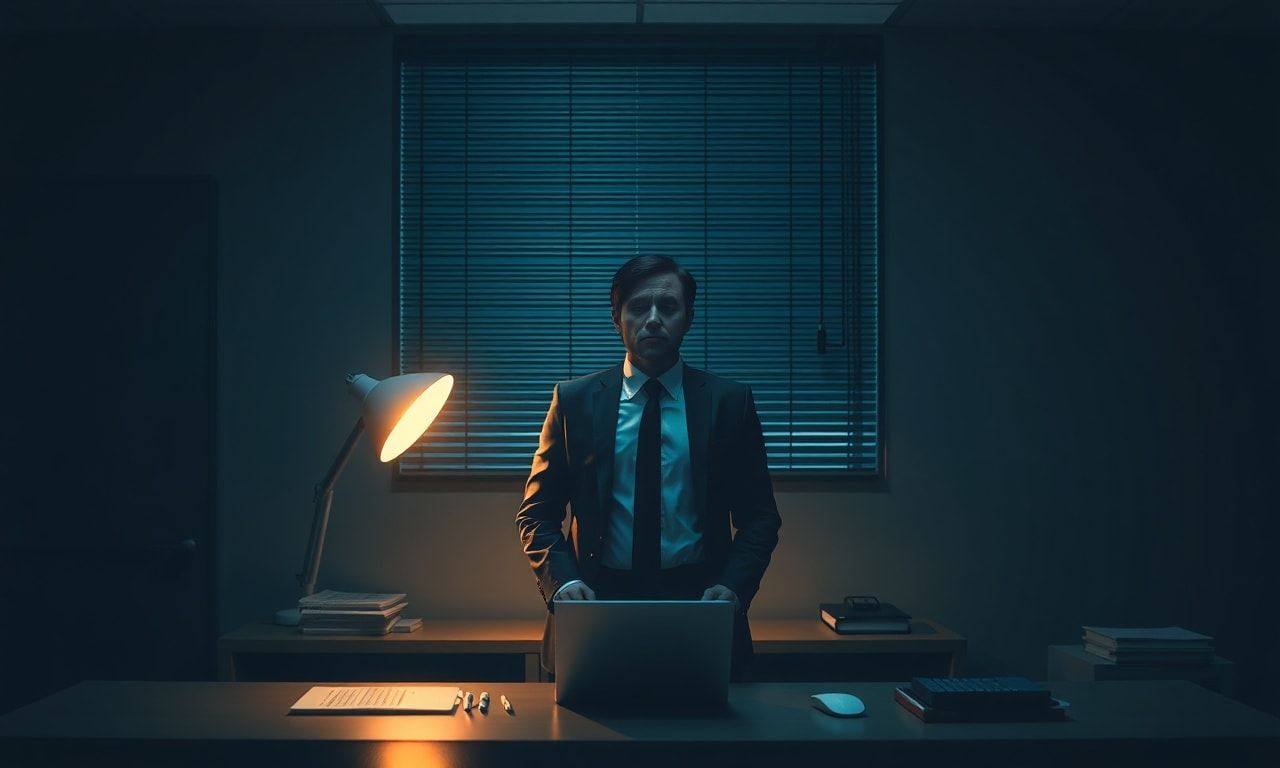 夜のオフィスで働く疲れた会社員