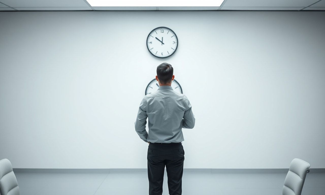空のオフィスで時計を見つめる退屈そうな会社員
