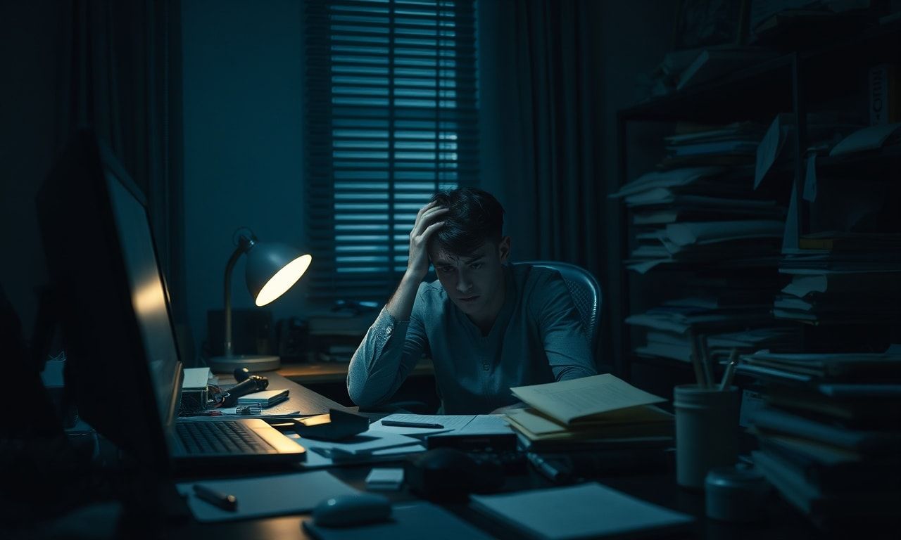 机に向かって疲れ切っている人のイメージ