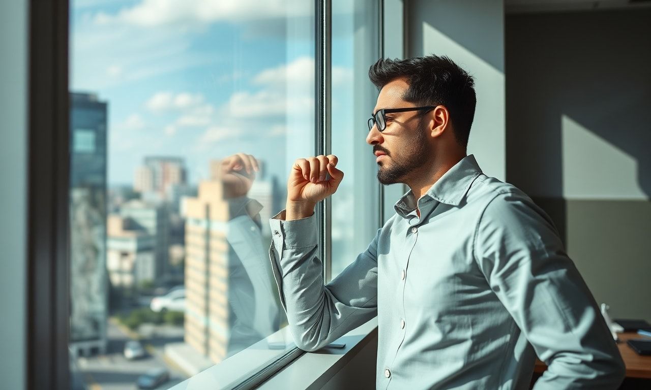 オフィスで窓の外を眺める疲れた会社員