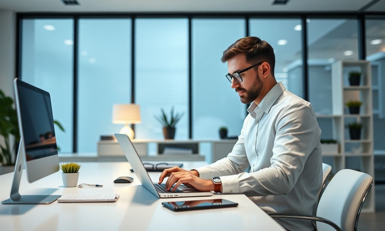 modern office environment with a professional using a laptop