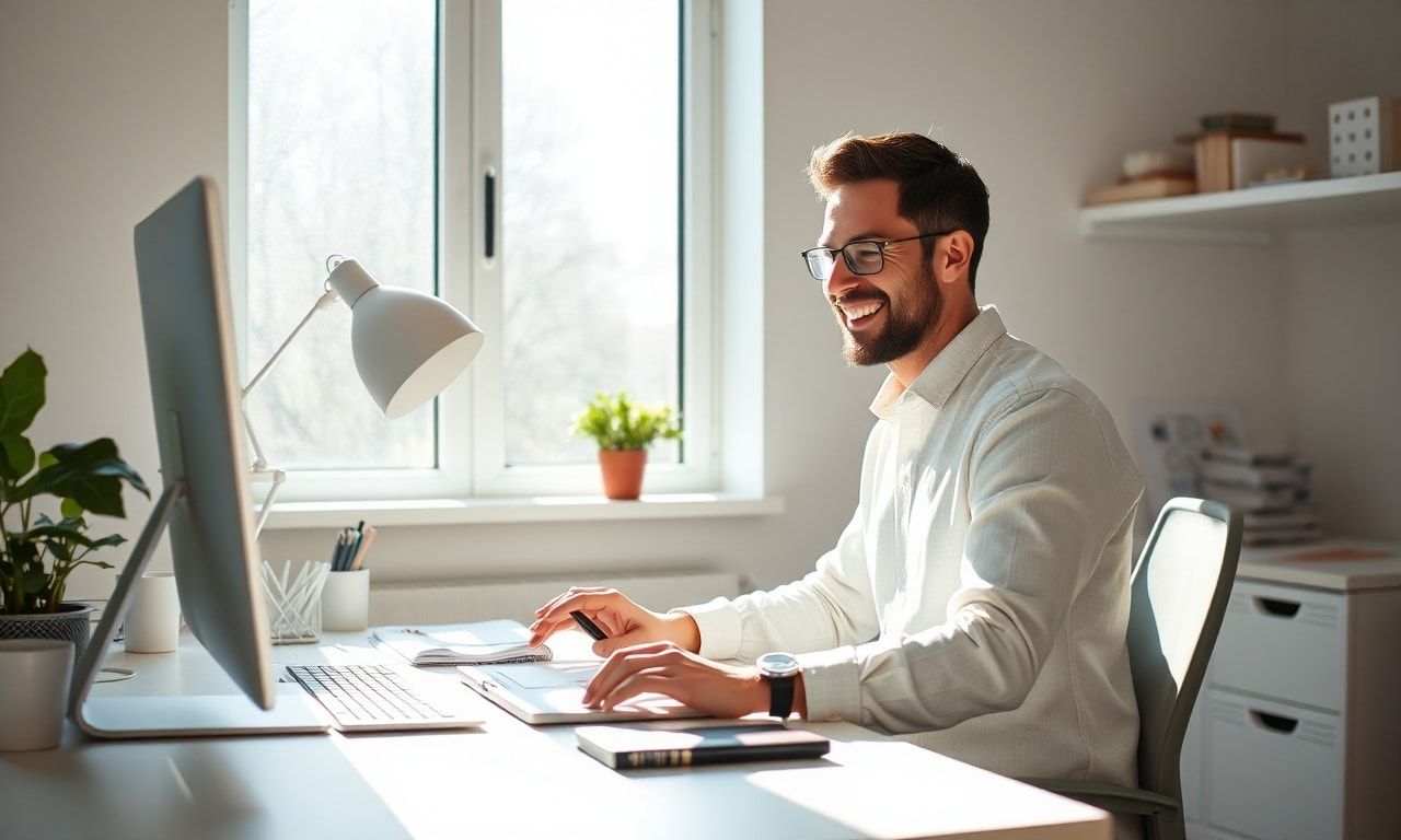 明るいデスクで意欲的に作業をする人のイメージ