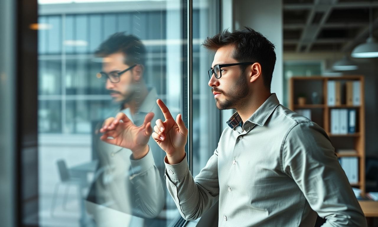 オフィスで窓の外を眺める疲れた会社員