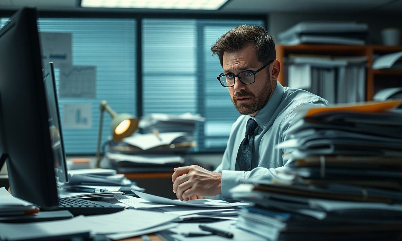 オフィスで書類の山に囲まれ困惑する会社員