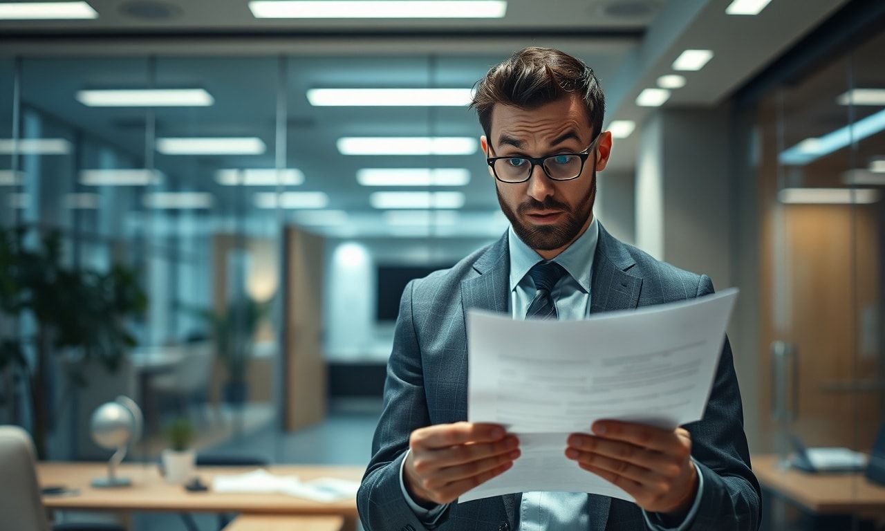 オフィスで書類を見つめて困惑する社員