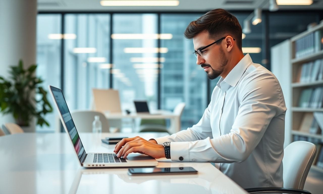 オフィスでメールを打つビジネスパーソン