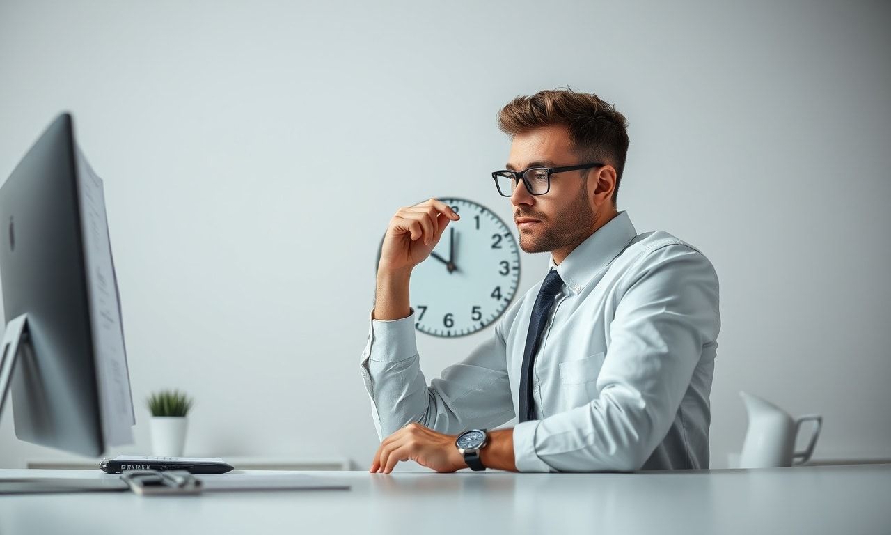 オフィスで時計を見つめる悩み多き会社員