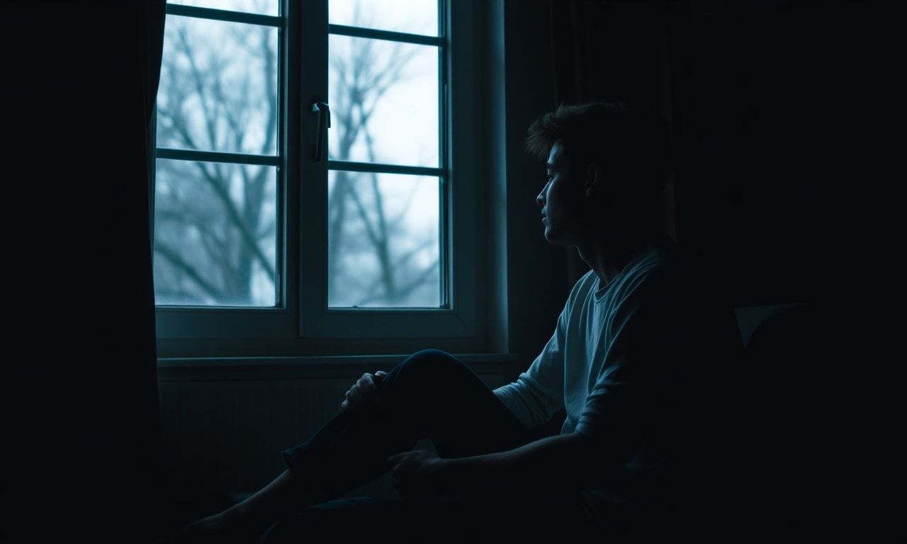 部屋で窓の外を見つめる若者のイメージ