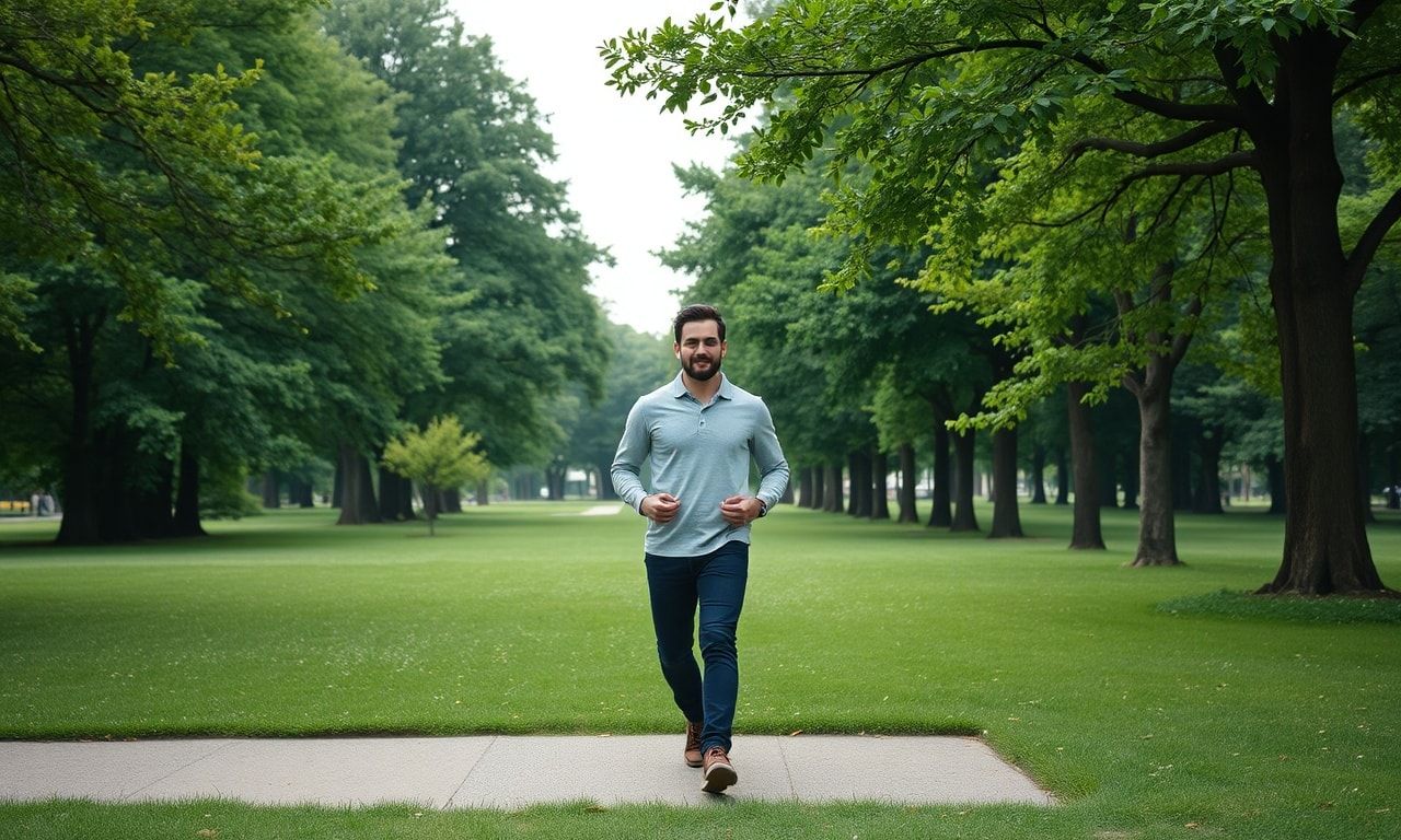 公園を散歩する穏やかな男性