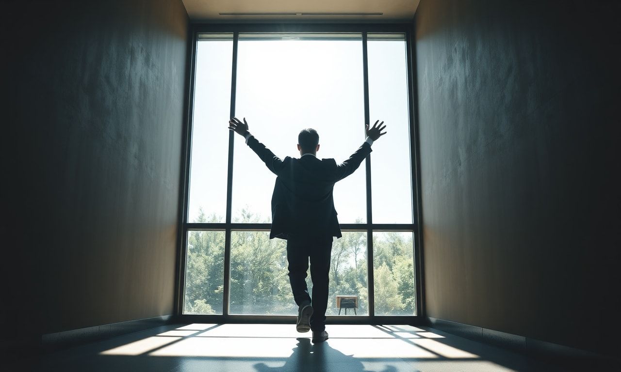 オフィスから抜け出して明るい光の差す場所へ向かう様子