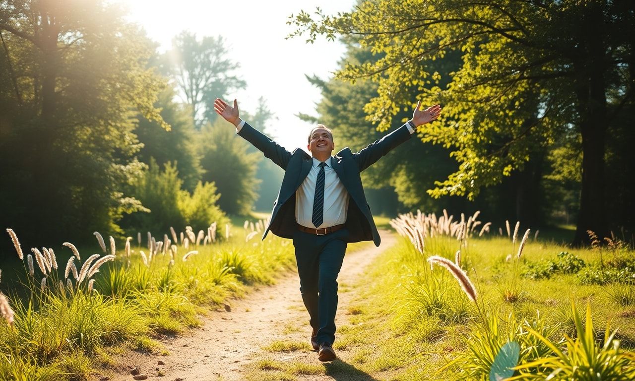 自然の中を歩く自由なビジネスパーソン