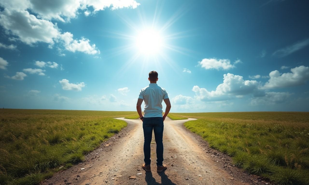 分かれ道で明るい未来へ歩き出そうとする人物