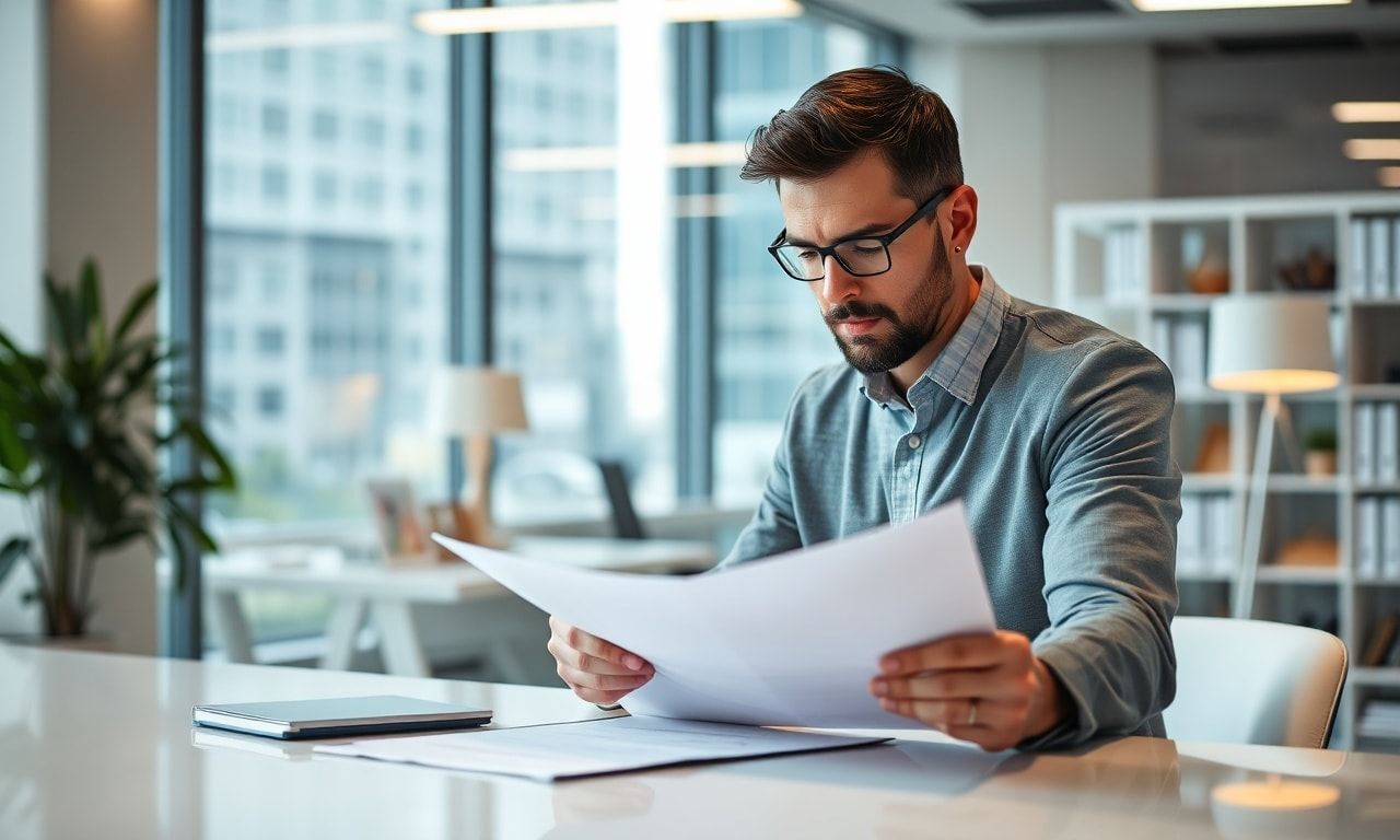 明るいオフィスで契約書を慎重に確認する人