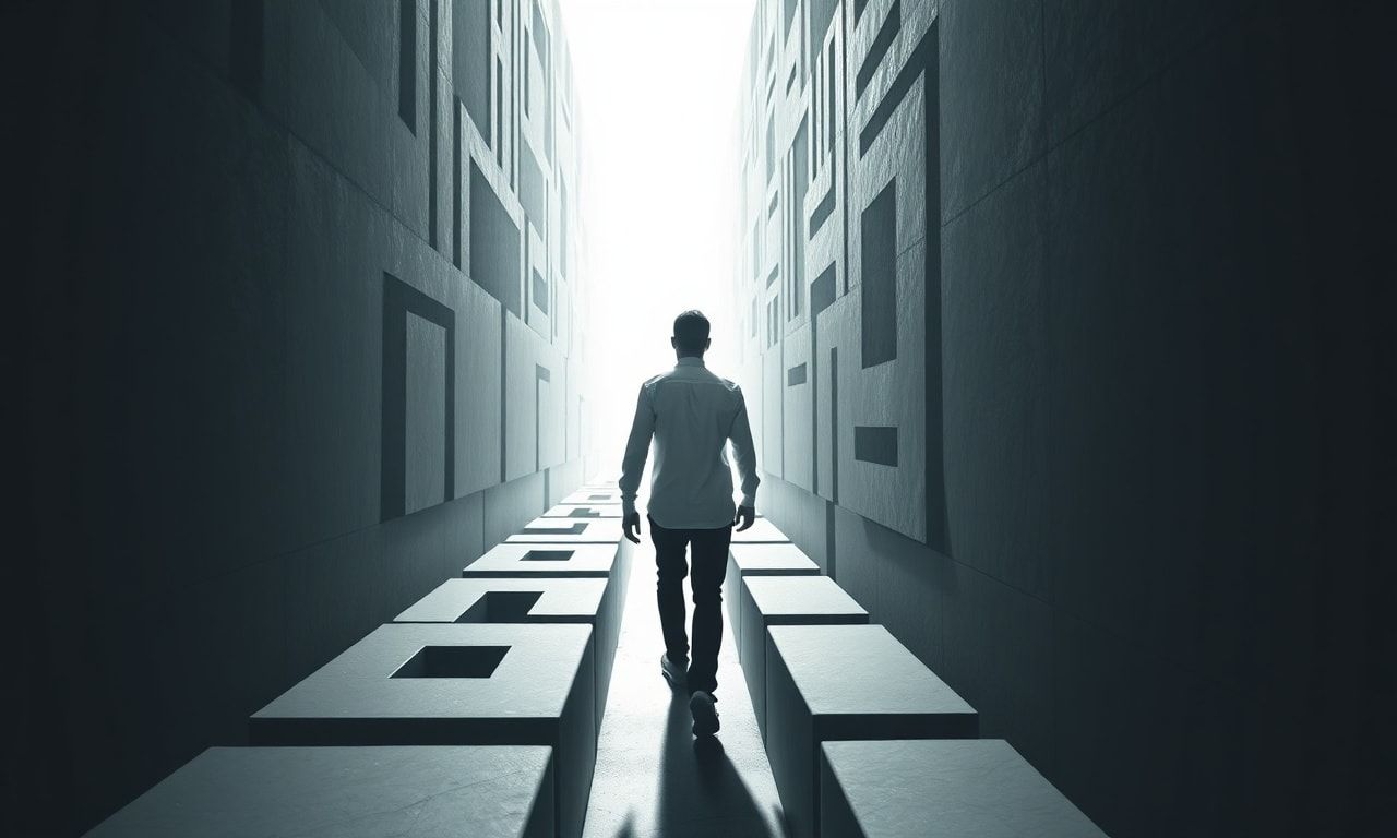 迷路から明るい光の方へ歩き出す人