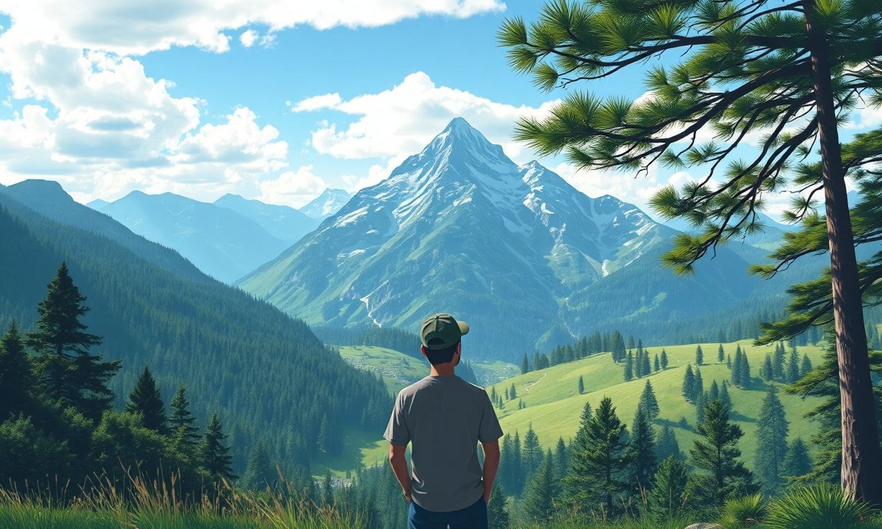 山を見つめてリフレッシュする人