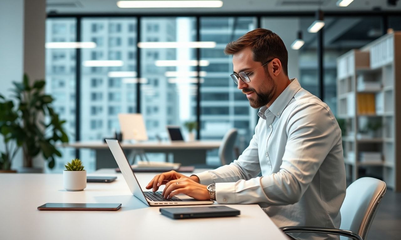 オフィスでPCを使い自己研鑽に励む会社員