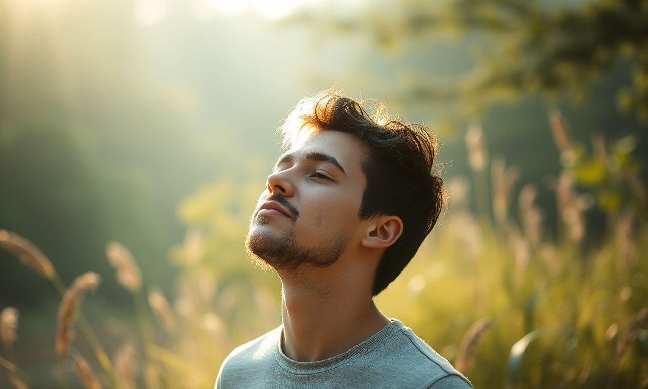 自然の中で深呼吸して落ち着いている人のイメージ