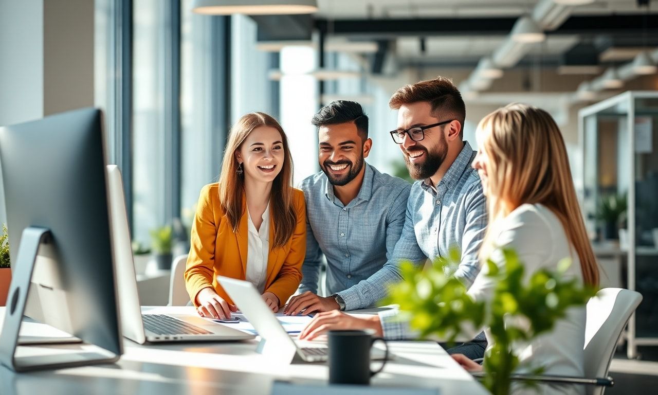 職場で同僚と穏やかにコミュニケーションをとる様子