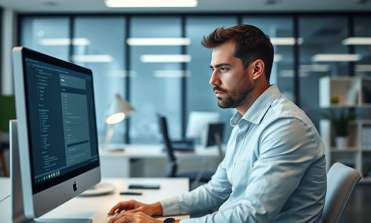 モダンなオフィスでコンピュータ画面を真剣に見つめる男性