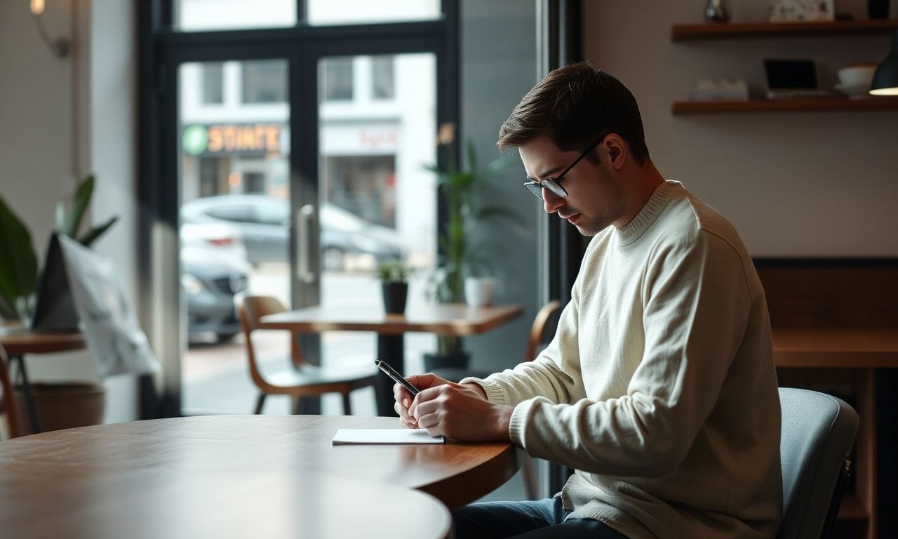 カフェでノートを書く人