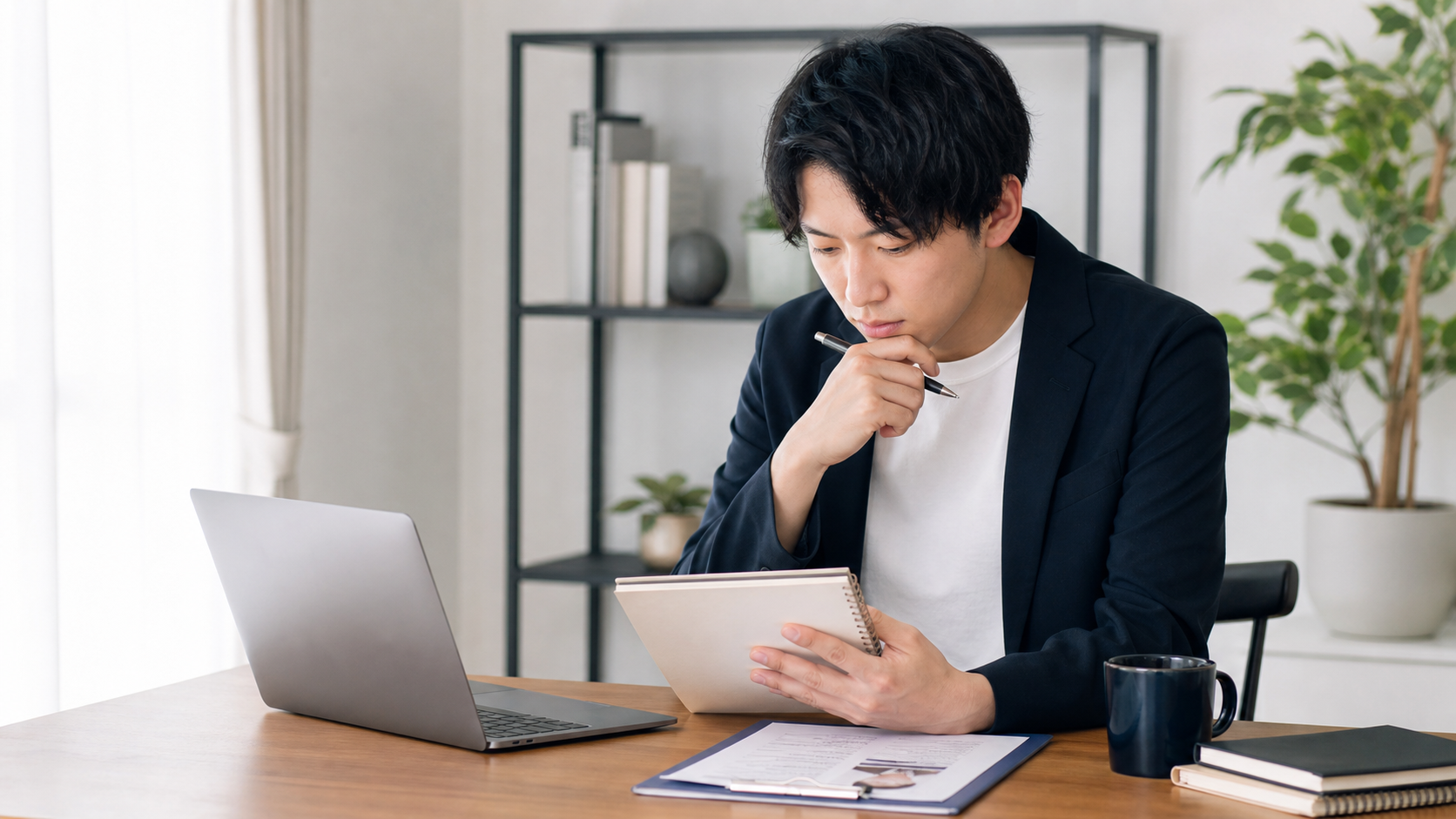転職面接の言葉遣いをノートで準備する会社員