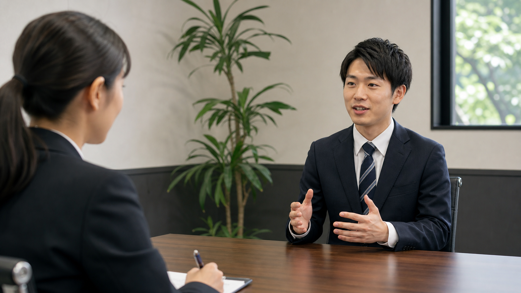 転職面接で丁寧な言葉遣いを練習する応募者