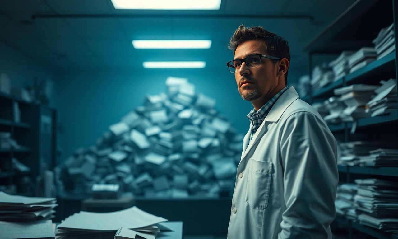 研究室で書類の山に囲まれ悩む研究者の様子