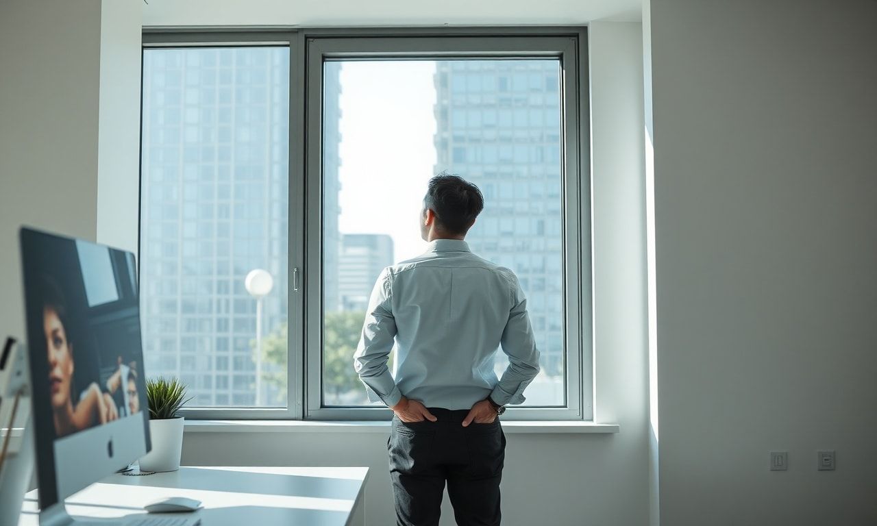 オフィスで窓の外を見つめる疲れ切った社員