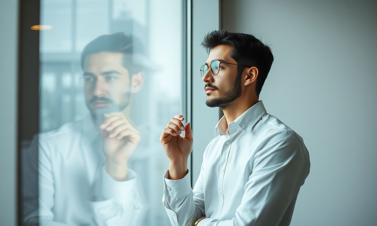 窓の外を見る会社員