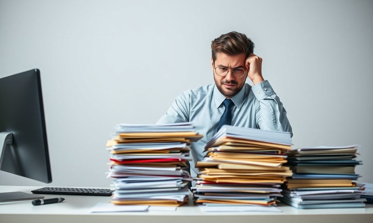 仕事に追われるデスクの様子