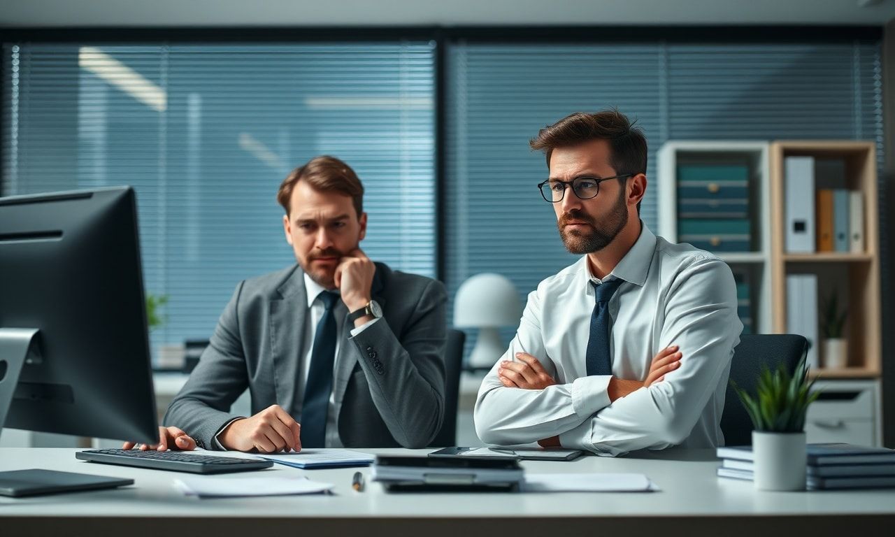 厳しい上司と悩む部下のオフィス風景