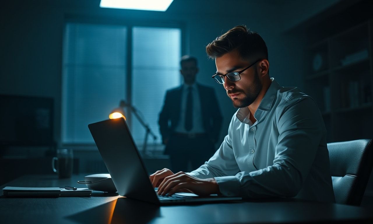 オフィスでストレスを感じる従業員と背後の上司